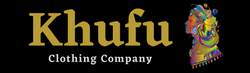 Company logo for Khufu clothing company showing a woman in multi coloured patches looking to the left