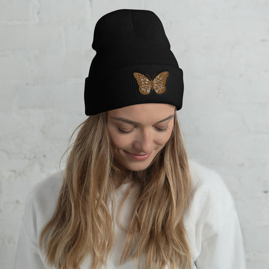 Brown Butterfly Cuffed Beanie