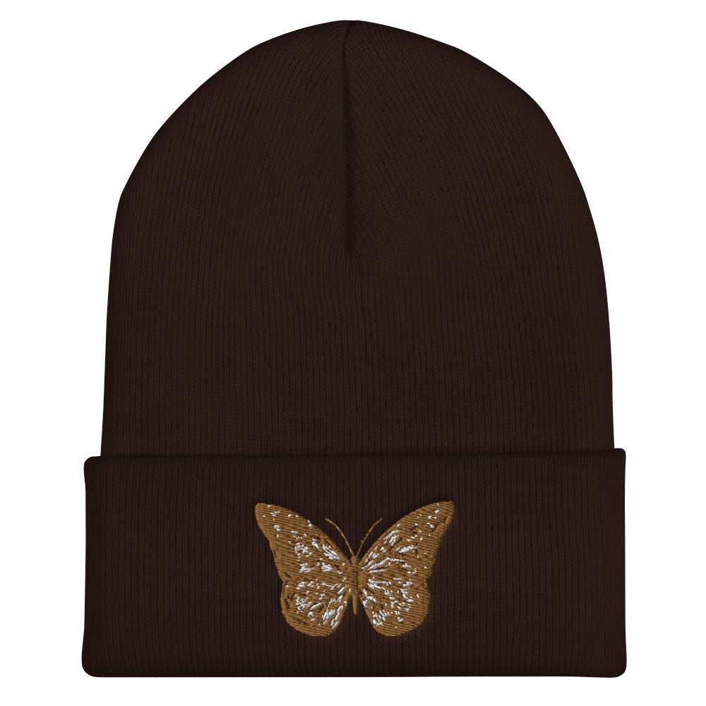 Brown Butterfly Cuffed Beanie