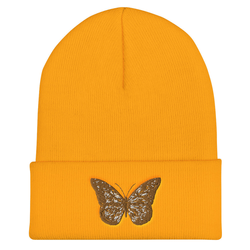 Brown Butterfly Cuffed Beanie