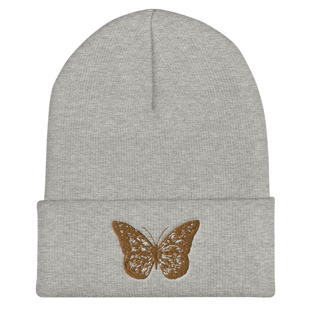 Brown Butterfly Cuffed Beanie