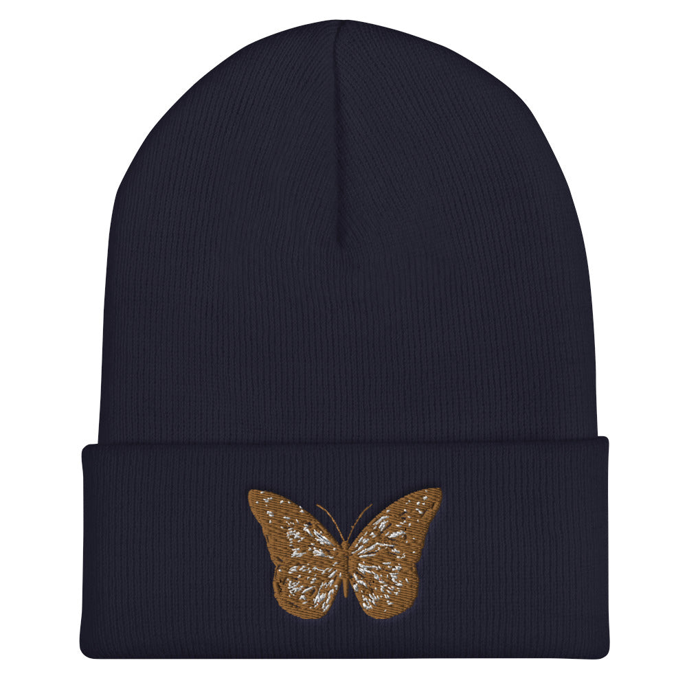 Brown Butterfly Cuffed Beanie