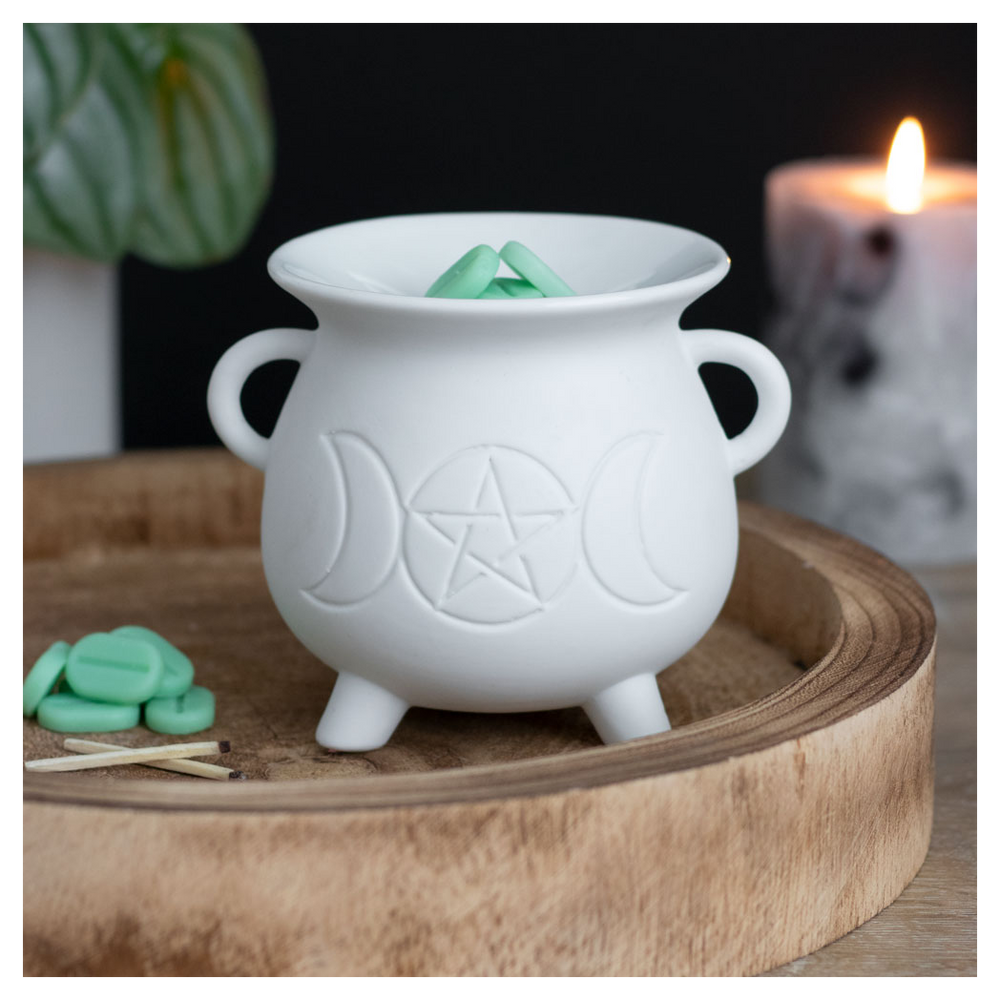 White Triple Moon Cauldron Oil Burner